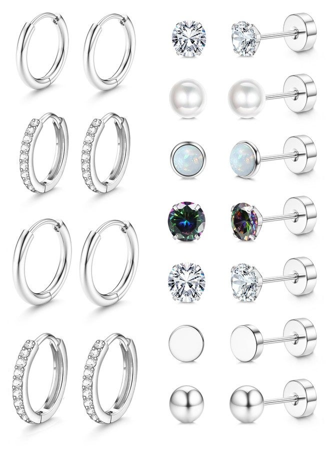 Jstyle أقراط هوبر فضية مضادة للحساسية للنساء، أقراط صغيرة ذات ظهر مسطح من الفولاذ المقاوم للصدأ الجراحي للأذان الحساسة، مجموعة أقراط فضية عصرية، مجموعة أقراط متعددة الثقوب - Image 1