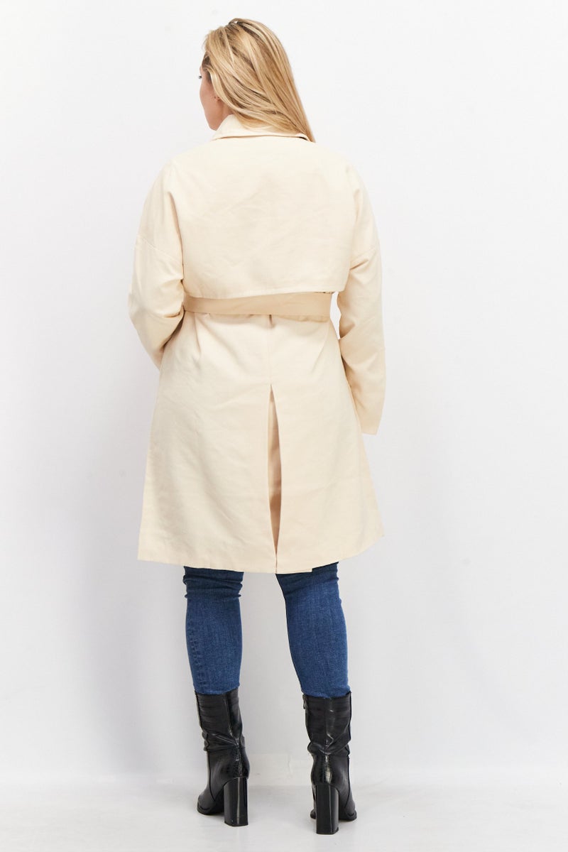 VERO MODA Women Belted Split Collar Trench Coat Jacket, Cream  - Image 2
