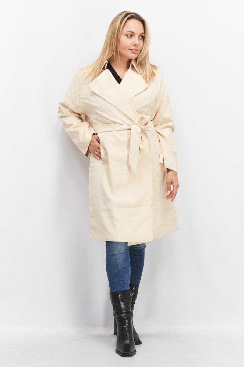 VERO MODA Women Belted Split Collar Trench Coat Jacket, Cream  - Image 1