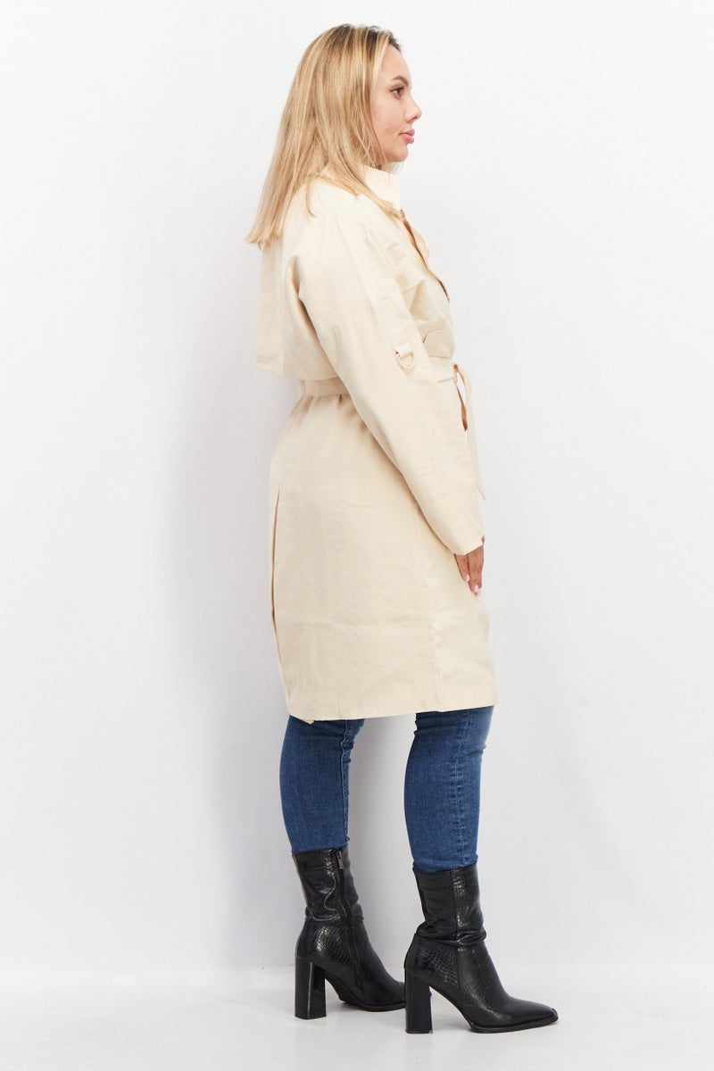 VERO MODA Women Belted Split Collar Trench Coat Jacket, Cream  - Image 3