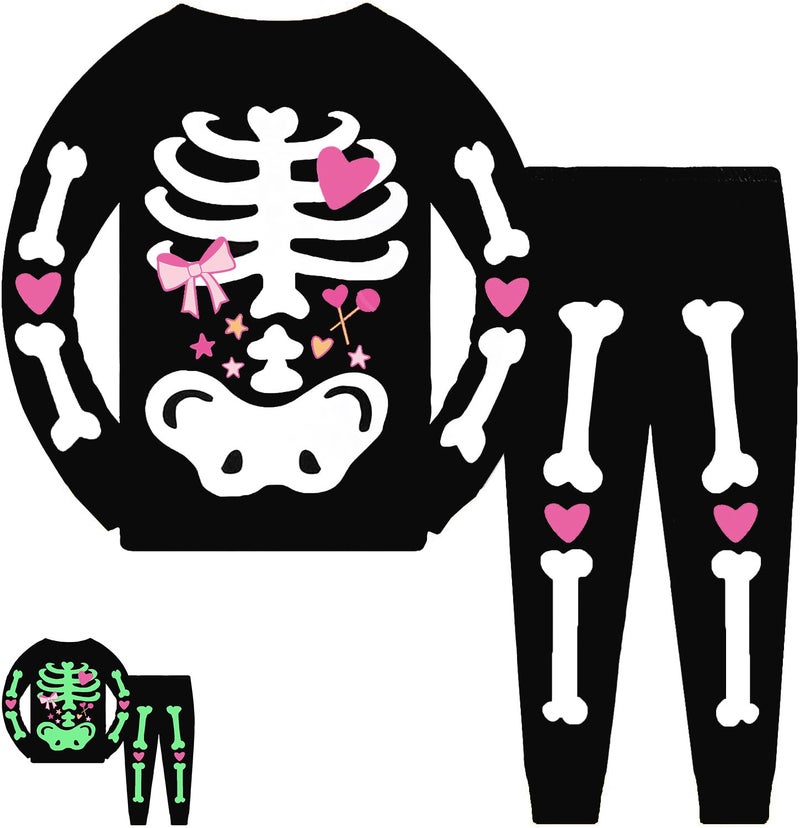Tkria Kids Pajamas for Little Girls Glow in The Dark Halloween Butterfly Candy Sleepwear Toddler Girls Skeleton Pjs Outfit 4T
