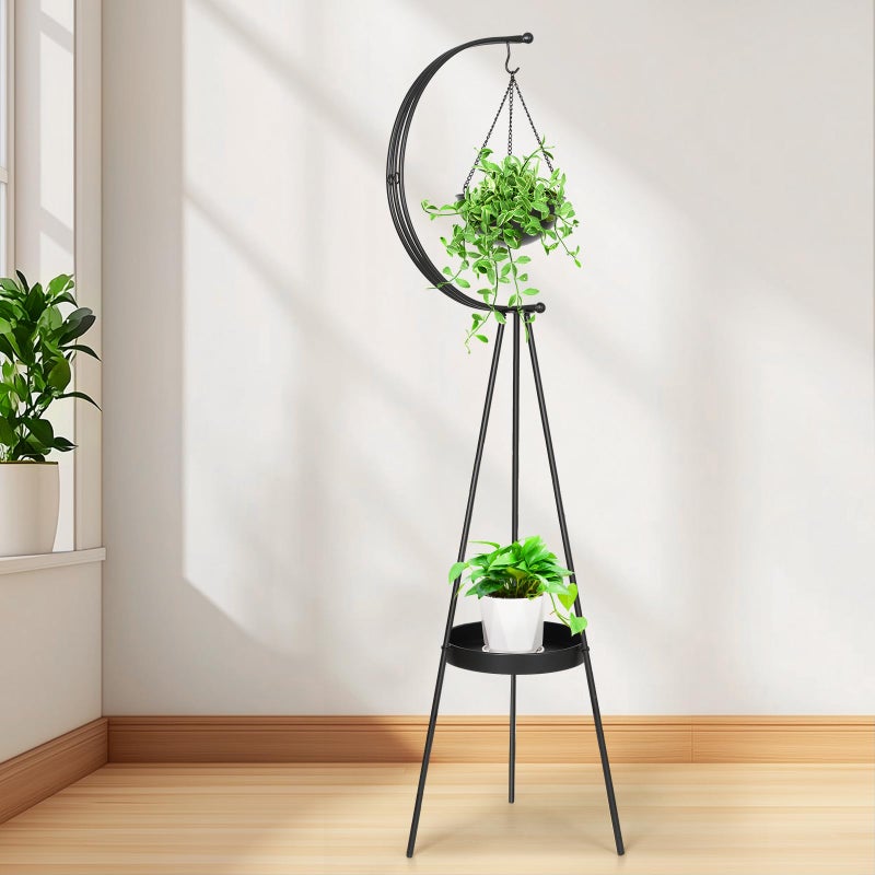 airogym Plant Stand Metal Plant Holder Indoor Outdoor Modern Iron Flower Pots Rack Multifunctional Planter Display Shelf with Hanging Planters for Garden Patio Room Corner Balcony Decor Black