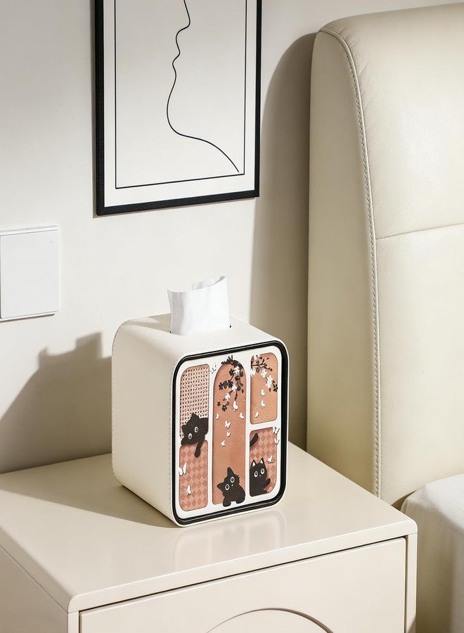 MEIBOOCH PU Leather Tissue Box Cover Square, Decorative Cat-Themed Tissue Holder for Bathroom Bedroom Office, Rounded Edge Design Tissue Box Holder with Magnetic Closure (Beige) - Image 5