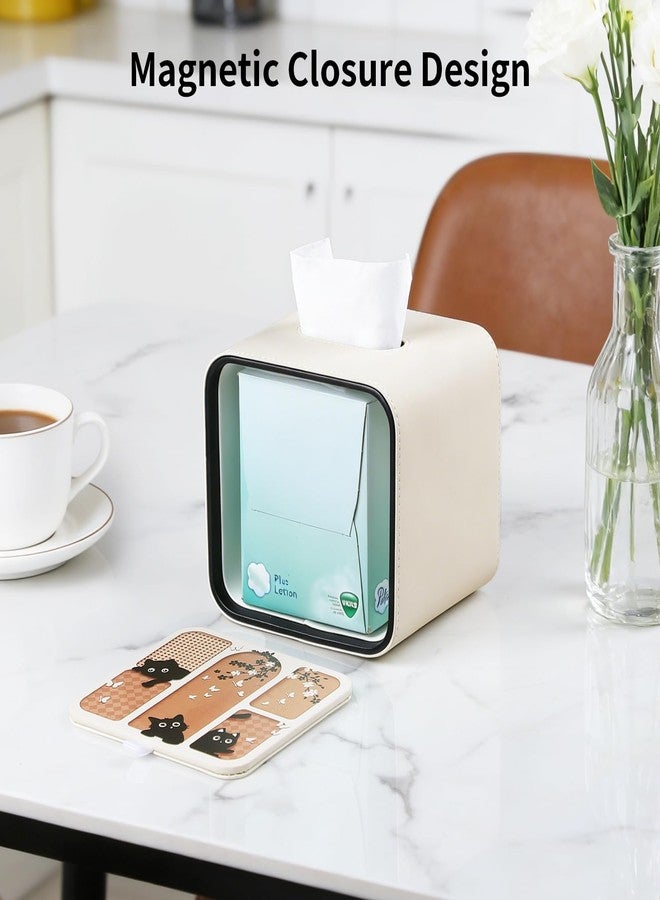MEIBOOCH PU Leather Tissue Box Cover Square, Decorative Cat-Themed Tissue Holder for Bathroom Bedroom Office, Rounded Edge Design Tissue Box Holder with Magnetic Closure (Beige) - Image 4