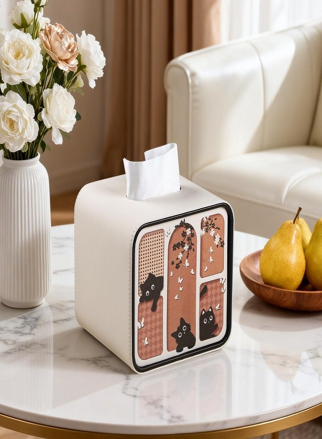 MEIBOOCH PU Leather Tissue Box Cover Square, Decorative Cat-Themed Tissue Holder for Bathroom Bedroom Office, Rounded Edge Design Tissue Box Holder with Magnetic Closure (Beige) - Image 2