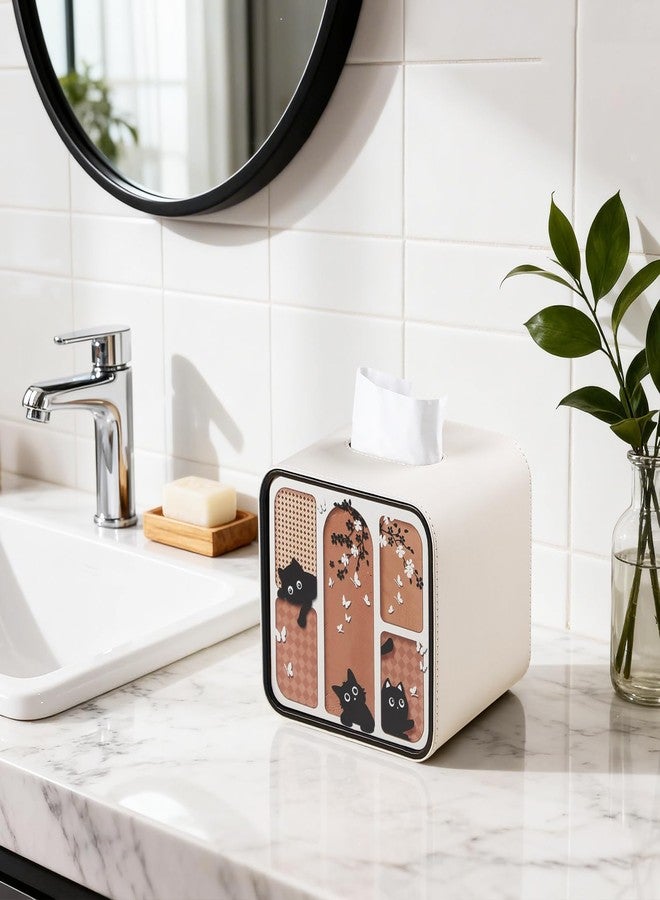 MEIBOOCH PU Leather Tissue Box Cover Square, Decorative Cat-Themed Tissue Holder for Bathroom Bedroom Office, Rounded Edge Design Tissue Box Holder with Magnetic Closure (Beige) - Image 3
