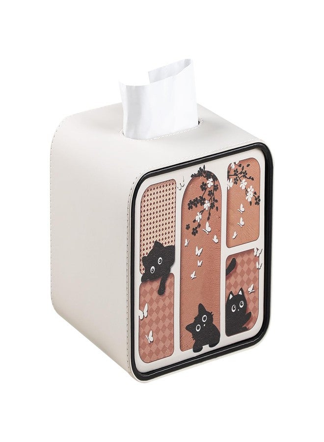 MEIBOOCH PU Leather Tissue Box Cover Square, Decorative Cat-Themed Tissue Holder for Bathroom Bedroom Office, Rounded Edge Design Tissue Box Holder with Magnetic Closure (Beige) - Image 1
