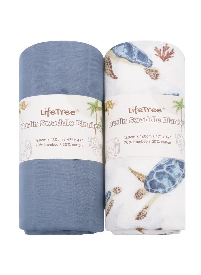 LifeTree Muslin Swaddle Blankets Neutral, Baby Swaddling Wrap Nursery Receiving Blanket For Boys & Girls, Soft 70% Viscose From Bamboo And 30% Cotton, Large 47 X 47 Inches, Sea Turtle & Solid Colors  - Image 1