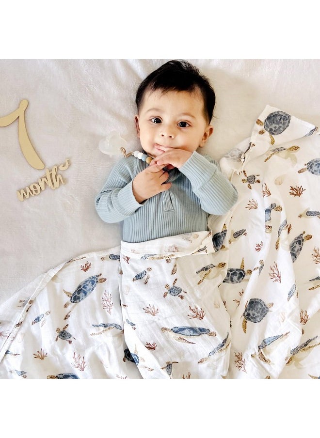 LifeTree Muslin Swaddle Blankets Neutral, Baby Swaddling Wrap Nursery Receiving Blanket For Boys & Girls, Soft 70% Viscose From Bamboo And 30% Cotton, Large 47 X 47 Inches, Sea Turtle & Solid Colors  - Image 2