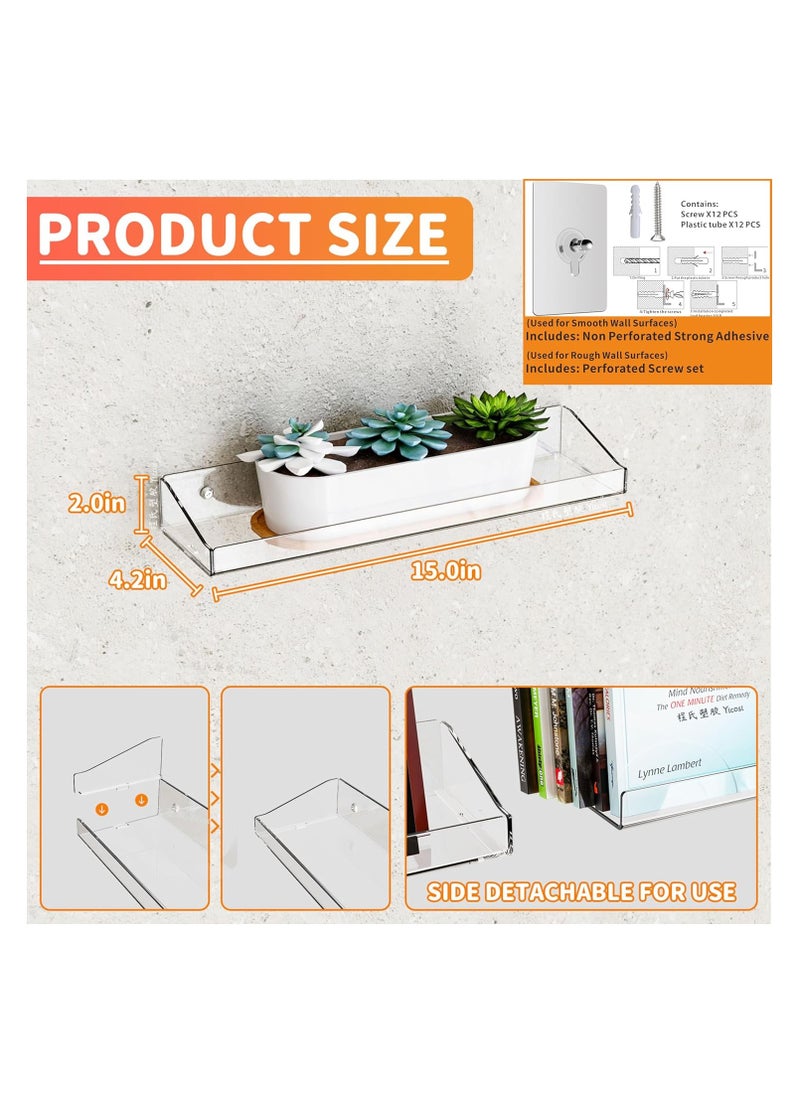 JOGAMS 2 Pcs Acrylic Shelves for Bathroom Wall with Adhesive and No Drilling 15 Inch Room Decor and Wall Storage Organizer Lego Action Figure Collectibles Makeup Perfume Invisible Bookshelf  - Image 4
