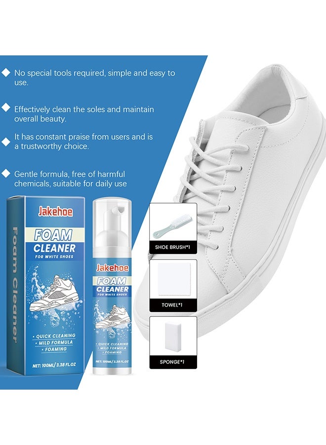 Jakehoe Foam Shoe Cleaner For White Shoes, Non-washing Decontamination And Whitening Of Sports Shoe Sneakers White Shoes Microfiber Shoe And Cloth Shoes Cleaning, Sneaker Cleaner Foam With Brush & Towel, 100ml - Image 2