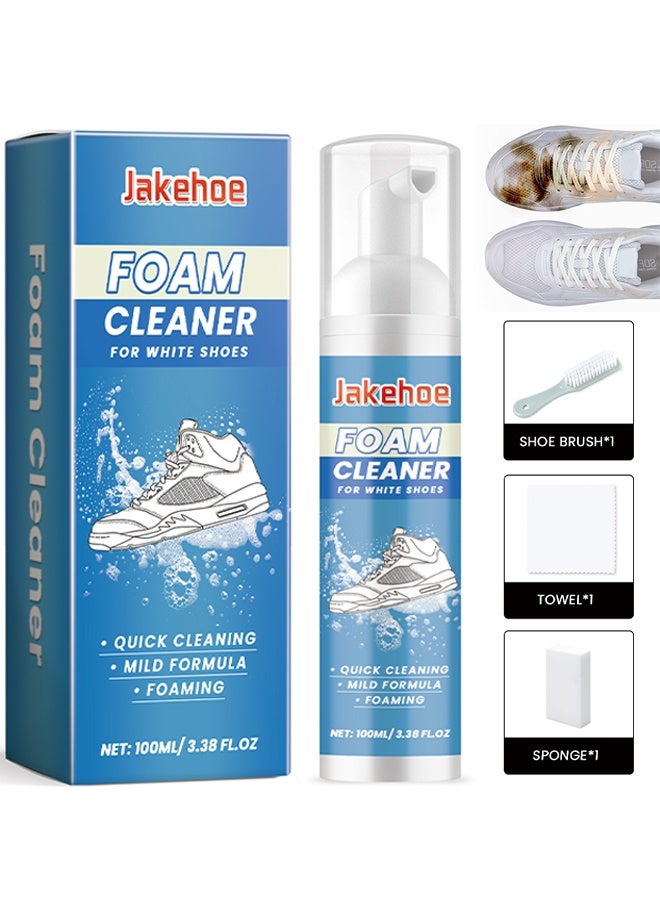 Jakehoe Foam Shoe Cleaner For White Shoes, Non-washing Decontamination And Whitening Of Sports Shoe Sneakers White Shoes Microfiber Shoe And Cloth Shoes Cleaning, Sneaker Cleaner Foam With Brush & Towel, 100ml - Image 1