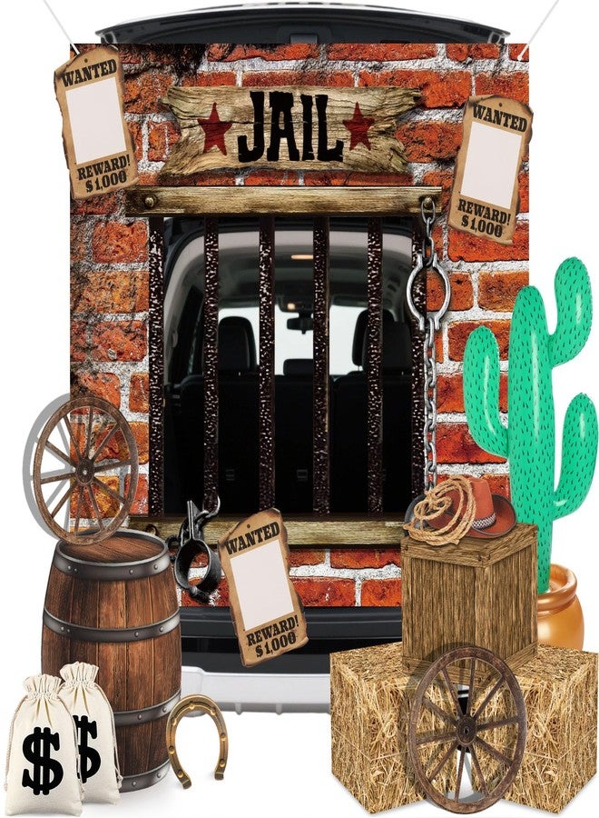 Soulchen 15 Pcs Western Cowboy Decor Halloween Farm Trunk or Treat Car Prison Cell Photo Prop Hay Bales Boxes Wagon Wheel Inflatable Cactus for Murder Mystery Crime Scene Party Background (Red Brick) - Image 1