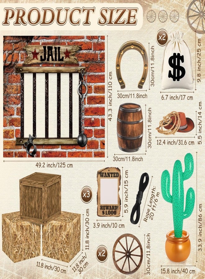 Soulchen 15 Pcs Western Cowboy Decor Halloween Farm Trunk or Treat Car Prison Cell Photo Prop Hay Bales Boxes Wagon Wheel Inflatable Cactus for Murder Mystery Crime Scene Party Background (Red Brick) - Image 2