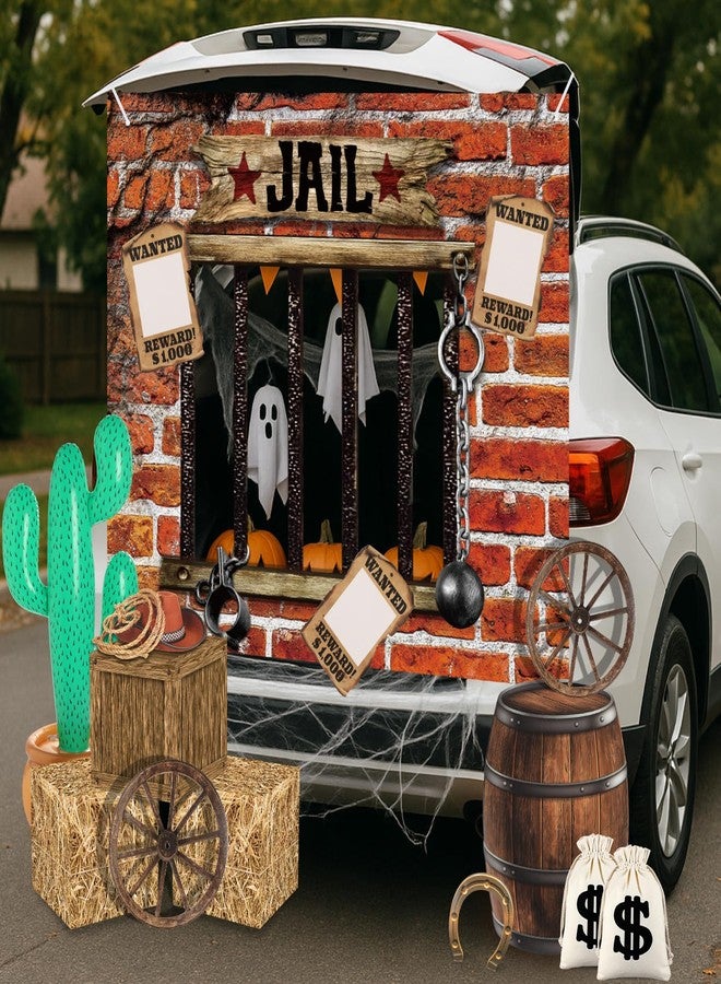 Soulchen 15 Pcs Western Cowboy Decor Halloween Farm Trunk or Treat Car Prison Cell Photo Prop Hay Bales Boxes Wagon Wheel Inflatable Cactus for Murder Mystery Crime Scene Party Background (Red Brick) - Image 4