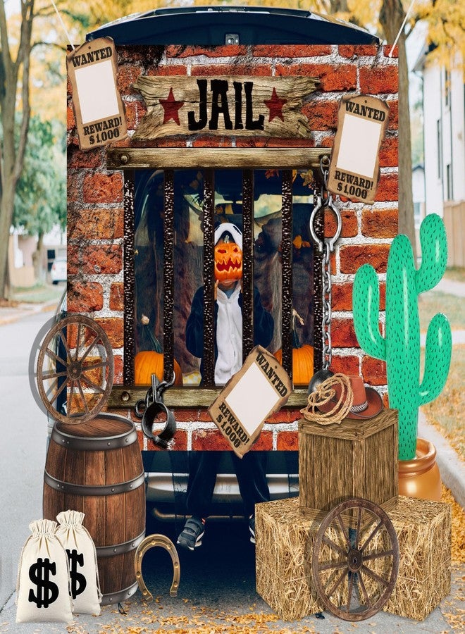 Soulchen 15 Pcs Western Cowboy Decor Halloween Farm Trunk or Treat Car Prison Cell Photo Prop Hay Bales Boxes Wagon Wheel Inflatable Cactus for Murder Mystery Crime Scene Party Background (Red Brick) - Image 3