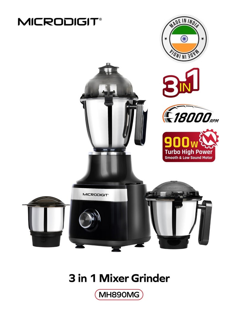 Microdigit 900w Turbo High Power 3-in-1 Microblend pro mixer grinder &juicer Blender made in india 1.5 L MH890MG Black - Image 1