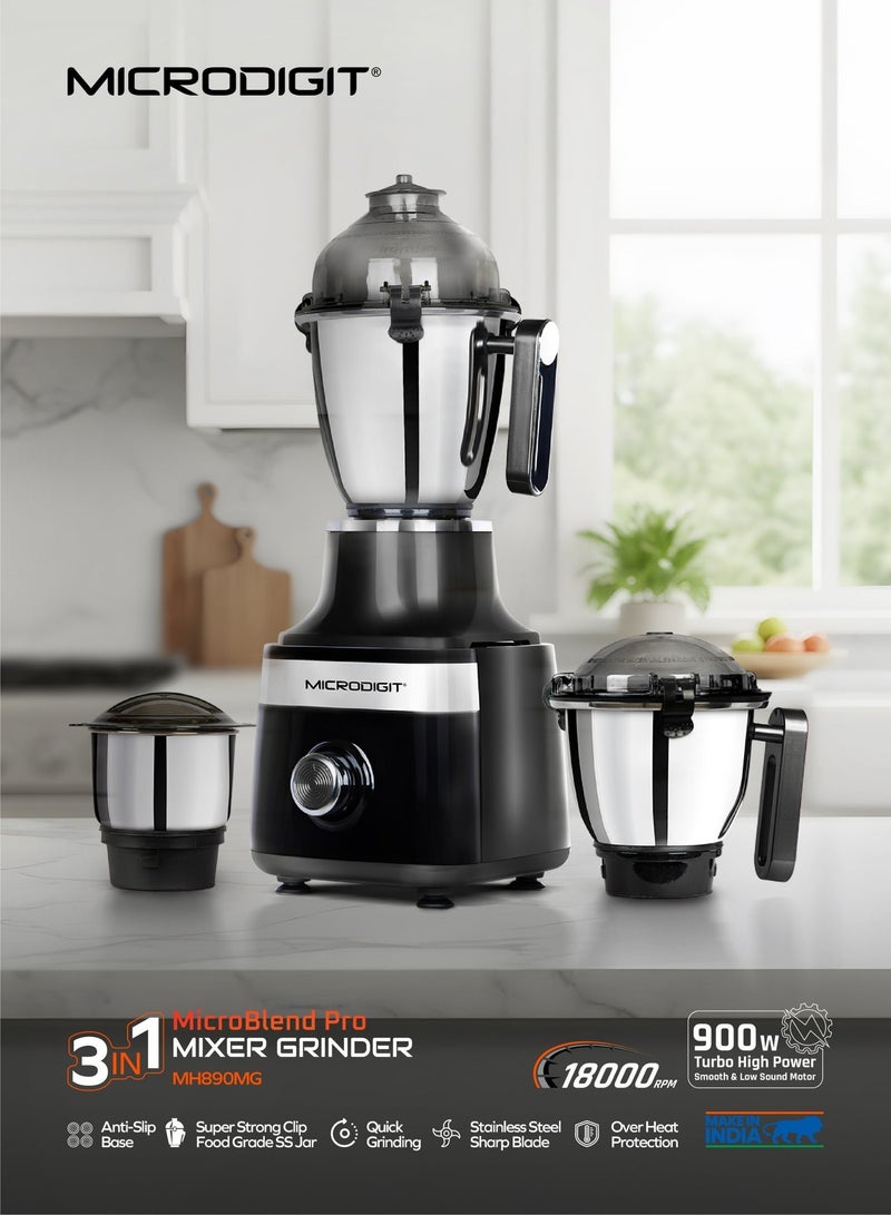 Microdigit 900w Turbo High Power 3-in-1 Microblend pro mixer grinder &juicer Blender made in india 1.5 L MH890MG Black - Image 2