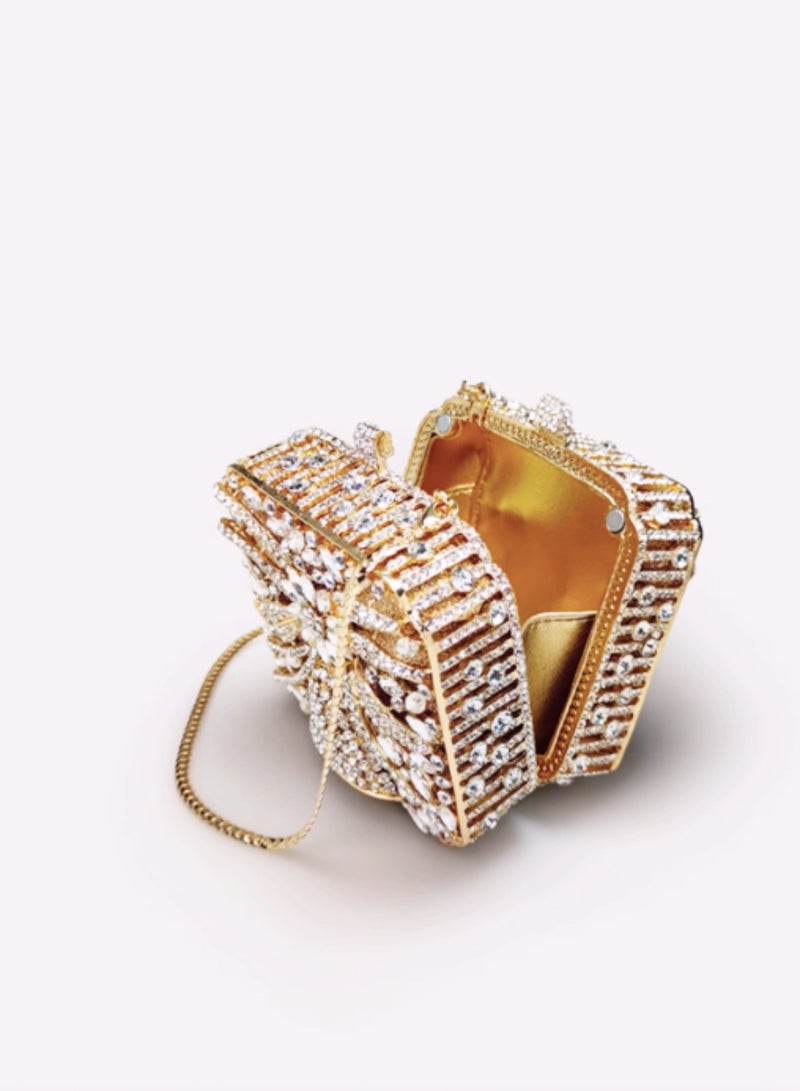 Luxury Crystal Inlaid Carved Hollow Flower Golden Sparkling Box Banquet Bag Clutch Bag Exquisite Mini Small Square Bag  - Image 2