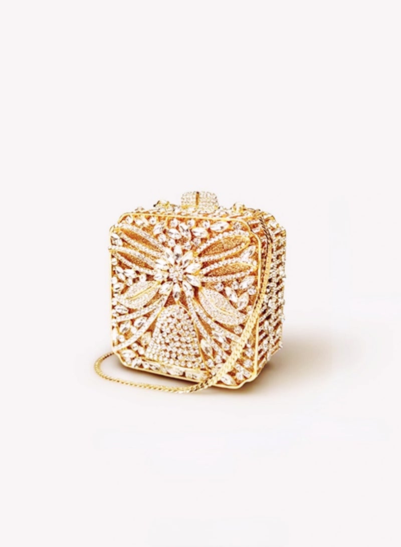 Luxury Crystal Inlaid Carved Hollow Flower Golden Sparkling Box Banquet Bag Clutch Bag Exquisite Mini Small Square Bag  - Image 1