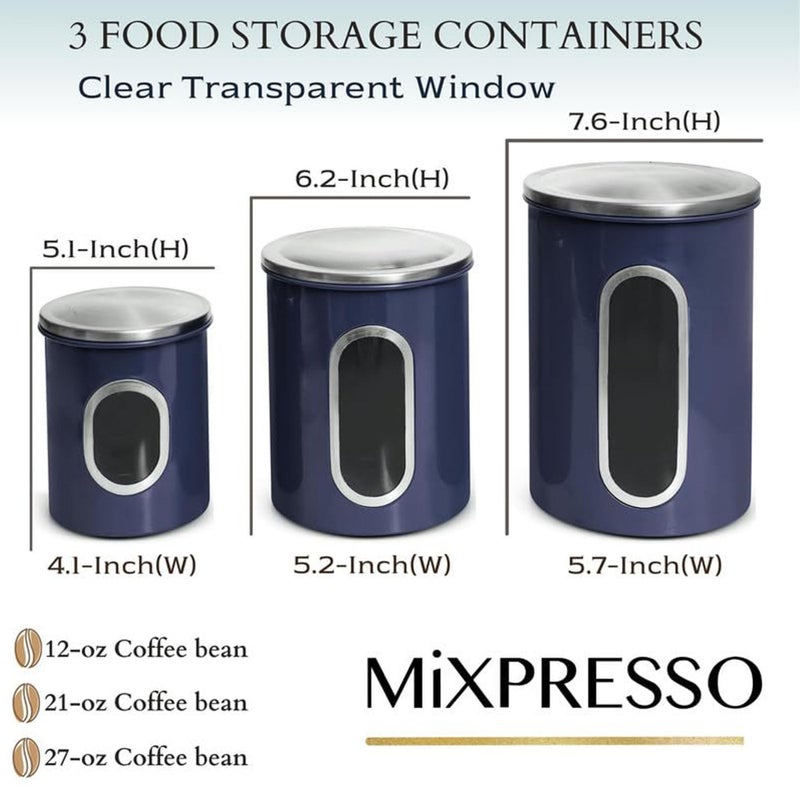 Mixpresso 3-Piece Blue Canisters Sets For The Kitchen, Airtight Canister Set With See Through Window, Storage Jars for Coffee Container, Tea Organizer & Sugar Canister, Blue Kitchen Canisters - Image 2