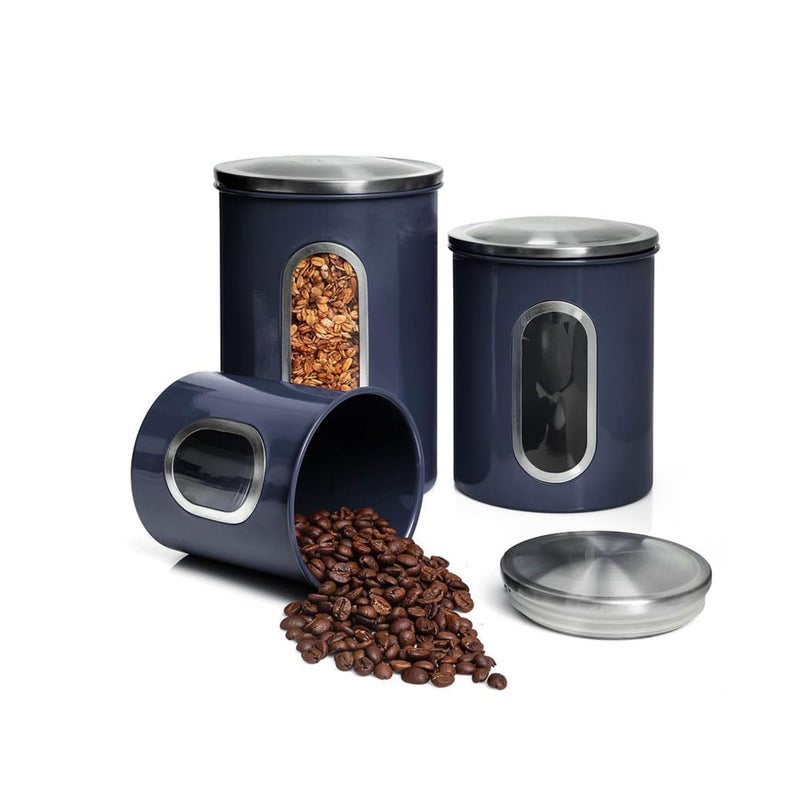 Mixpresso 3-Piece Blue Canisters Sets For The Kitchen, Airtight Canister Set With See Through Window, Storage Jars for Coffee Container, Tea Organizer & Sugar Canister, Blue Kitchen Canisters - Image 1
