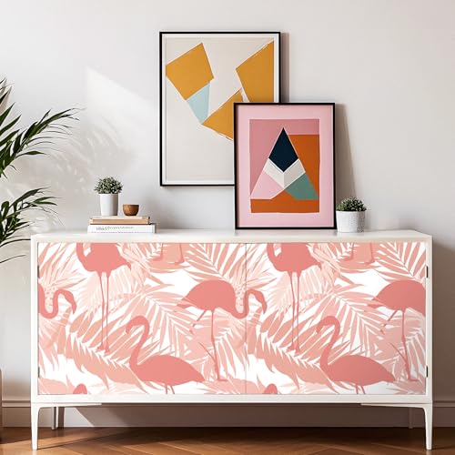 LACHEERY Pink and White Wallpaper Stick and Peel 175x276 Flamingo Peel and Stick Wallpaper Pink Contact Paper for Cabinets Removable Tropical Leaf Wall Paper for Bedroom Bathroom Walls Waterproof - Image 3
