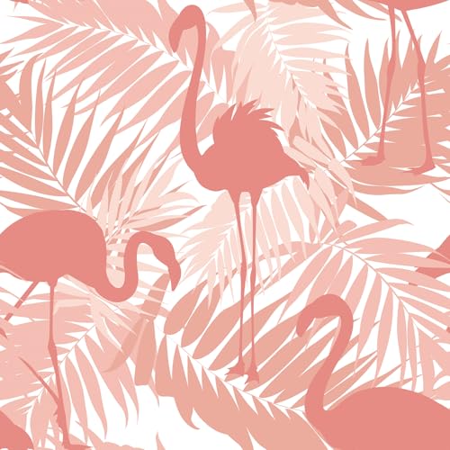 LACHEERY Pink and White Wallpaper Stick and Peel 175x276 Flamingo Peel and Stick Wallpaper Pink Contact Paper for Cabinets Removable Tropical Leaf Wall Paper for Bedroom Bathroom Walls Waterproof - Image 1