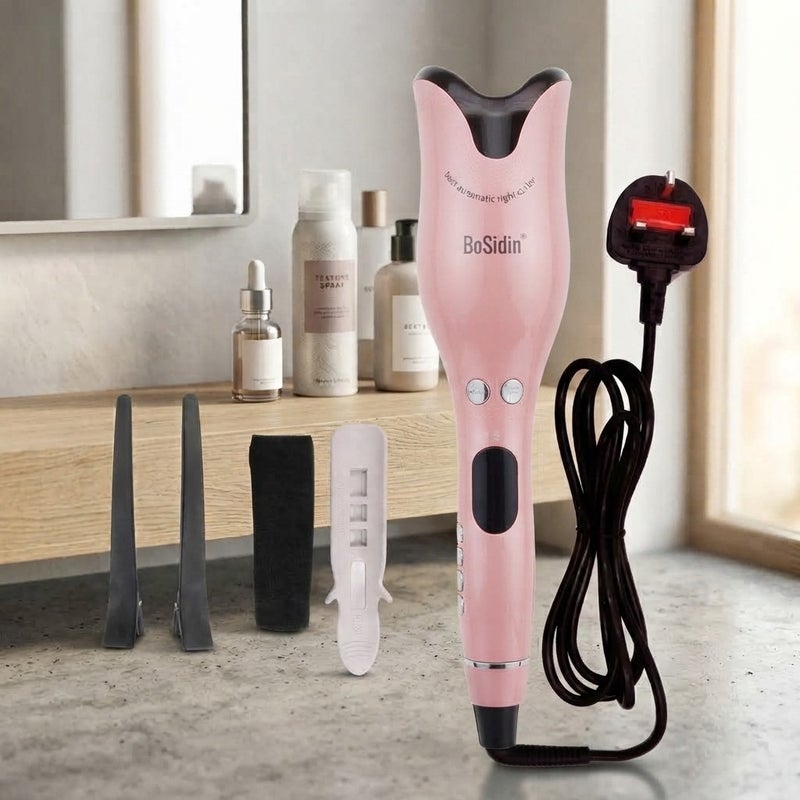 BoSidin Professional Automatic Hair Curler | Ceramic Rotating Curling Iron with Temperature Control, Digital Display & Auto Spin Chamber - Pink - Image 1