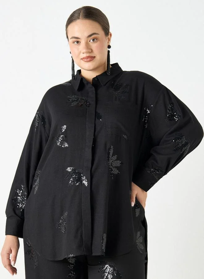 Ulla Popken Plus Size Ulla Popken Regular Fit Embellished High-Low Shirt