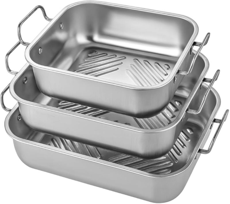 Steel Pot Set of 3 Square Serving Pans with Handles Oven Safe Roasting Trays for Chicken Turkey Fish Easy to Clean Kitchen Cookware, 18/21/24 CM