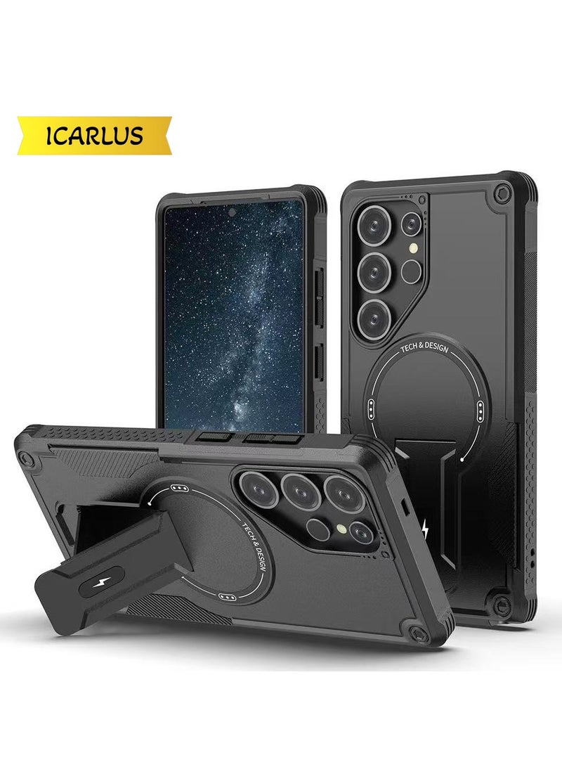 ايكارلوس حافظة هاتف سامسونج جالكسي S24 الترا مع حامل متوافق مع ماج سيف ذات طبقتين ومضادة للسقوط باللون الأسود - Image 1