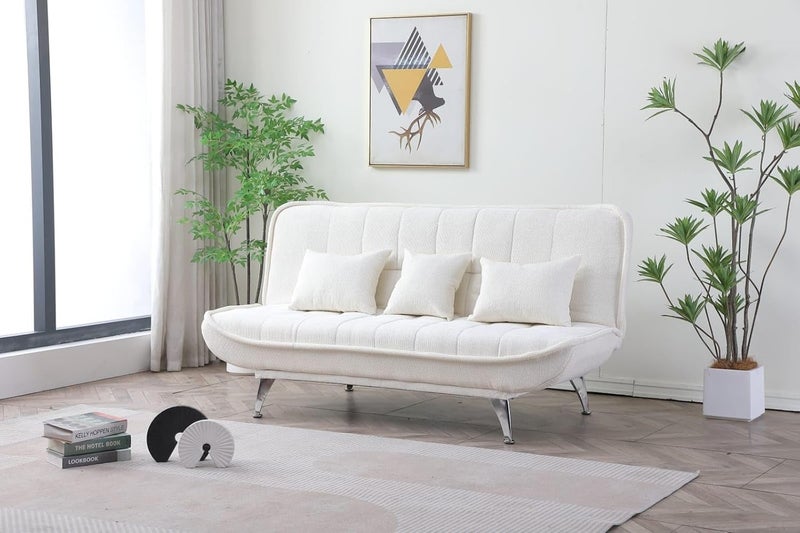 Harmony Home Premium Fabric Sofa  Bed with 3 Soft Cushions – Modern Convertible Sleeper Couch with Metal Legs, Space-Saving 3-Seater Sofa for Living Room, Bedroom & Guest Room-White - Image 3