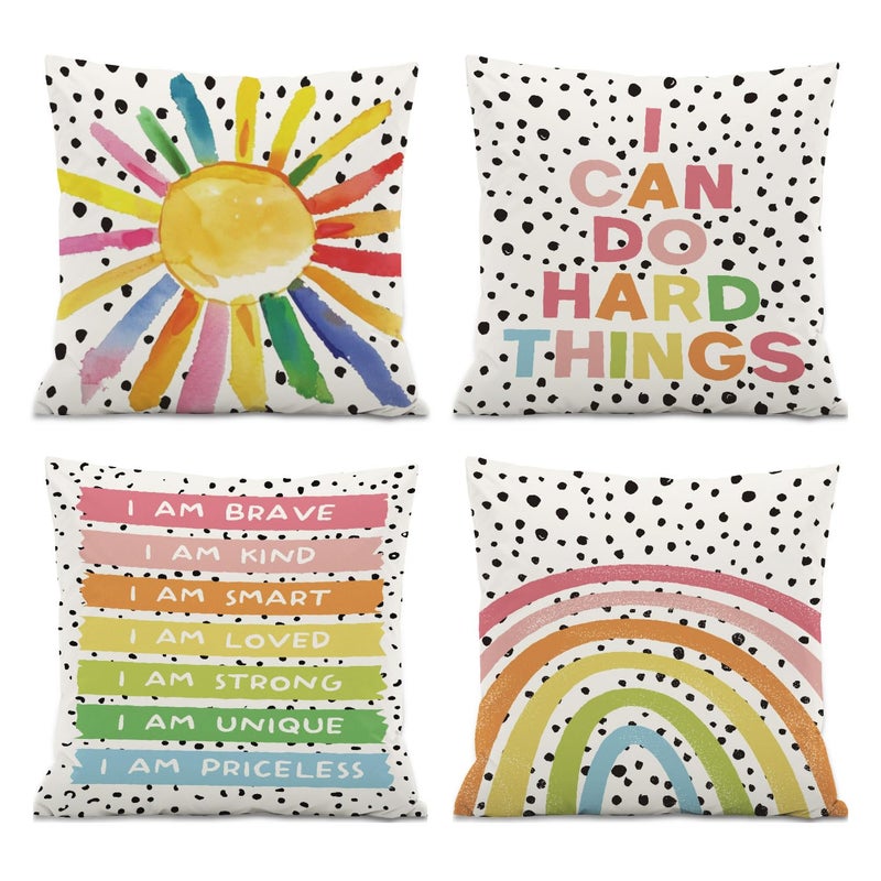 ISANOU Boho Classroom Decorative Pillow Covers,Inspirational Colourful Sun Rainbow Throw Pillow Covers Decor for Nursery Playroom Living Room Kids Bedroom,18x18 Inch Pillowcase Set of 4 - Image 1