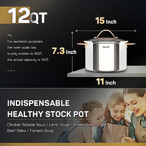 Ciwete Stock Pot 12 Quart, 18/10 Tri-Ply Stainless Steel All Clad Stock Pot with Lid, Seamless 12 QT Cooking Pot with Copper Handle, Healthy Stockpots, Induction, Gas, Oven and Dishwasher Safe - Image 4