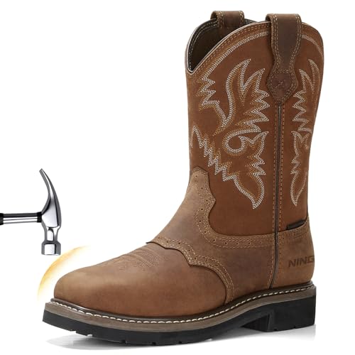 HISEA NINGO Steel Toe Work Boots for Men, Waterproof Slip on Square Toe Western Cowboy Boots, Comfortable Pull on Safety Work Shoes for Construction Industrial Working Welding Riding, Brown - Image 1