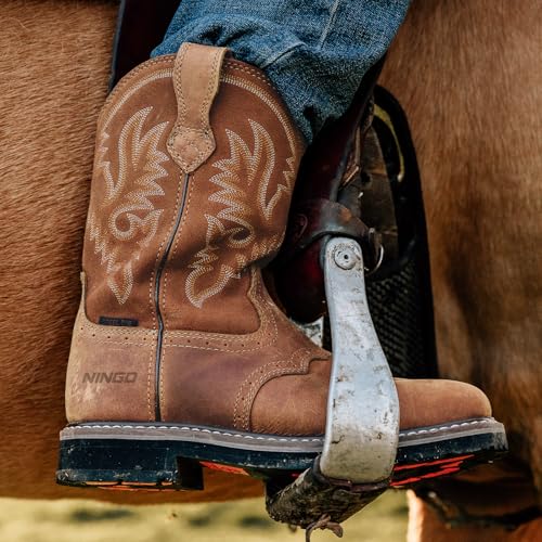 HISEA NINGO Steel Toe Work Boots for Men, Waterproof Slip on Square Toe Western Cowboy Boots, Comfortable Pull on Safety Work Shoes for Construction Industrial Working Welding Riding, Brown - Image 5
