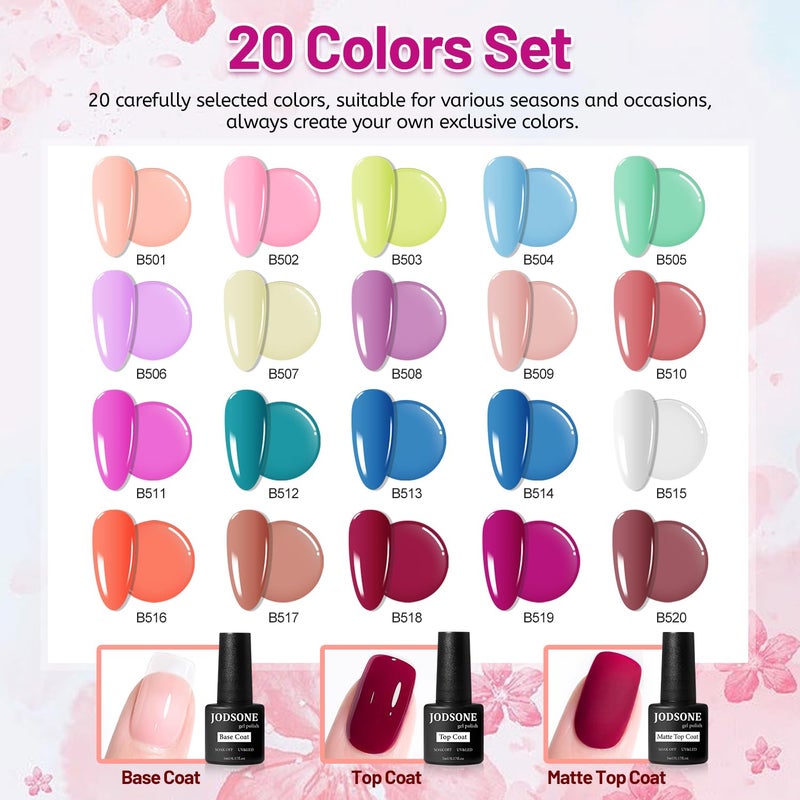 JODSONE 20 Color Vibrant and High Shine Gel Nail Polish Kit with 3 PCS Base Coat and Matte and Glossy Top Coat - Image 2