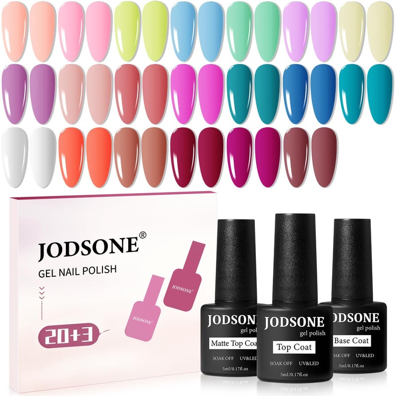 JODSONE 20 Color Vibrant and High Shine Gel Nail Polish Kit with 3 PCS Base Coat and Matte and Glossy Top Coat - Image 1