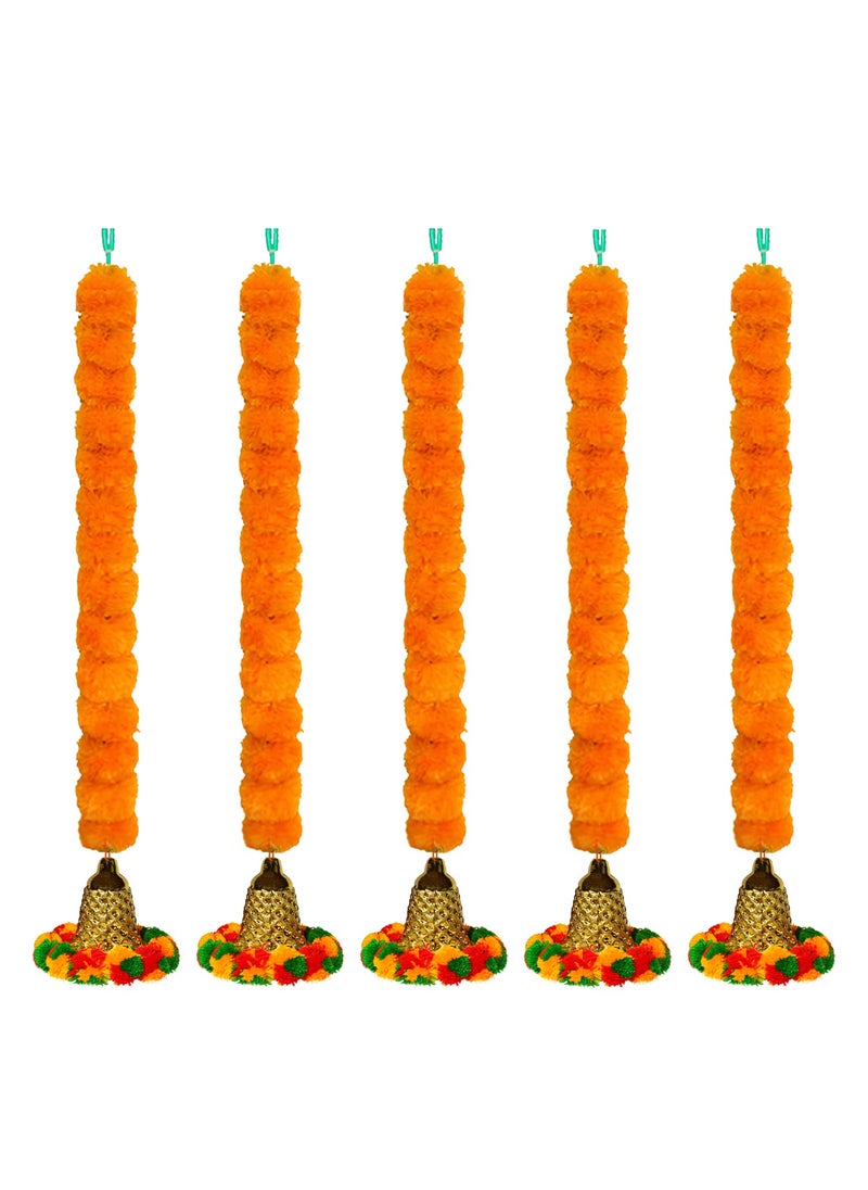 iHandikart iHandikart Marigold Garland Fluffy Artificial with Pom Pom Bell in The Bottom Used for Festival DecorationOffice Home Diwali Decoration Size 33 inch Colour Light Orange Pack of 5 334025 