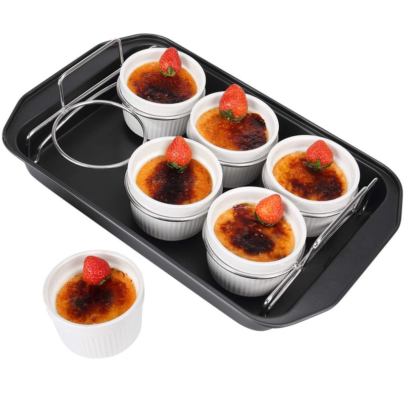 Creme Brulee Making Set  6 Porcelain Ramekins 6 oz 304 Stainless Steel Lifting Rack 9 X 13 Bottom Pan
