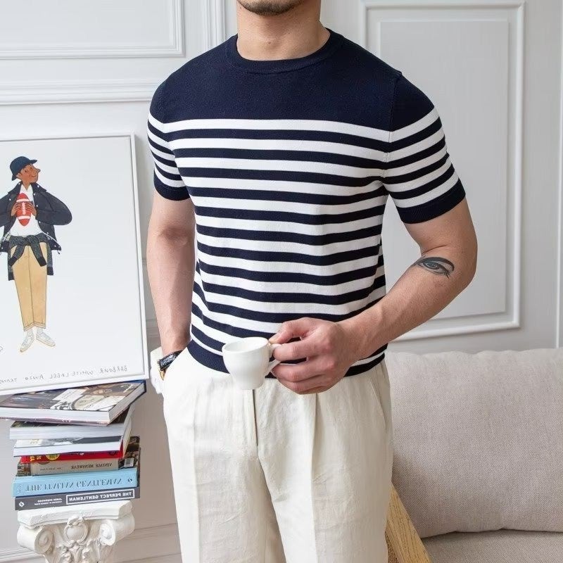 Light Mature Style Round Neck Striped Knitted Short-Sleeved T-Shirt Retro Men'S Casual Business Top Half-Sleeved T-Shirt - Image 1