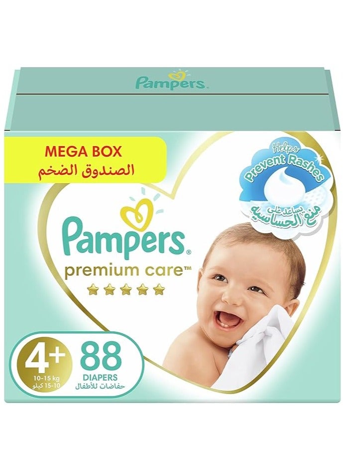 Pampers Premium Care Diapers, Size 4+, 10-15 kg, The Softest Diaper and the Best Skin Protection, 88 Baby Diapers - Image 1