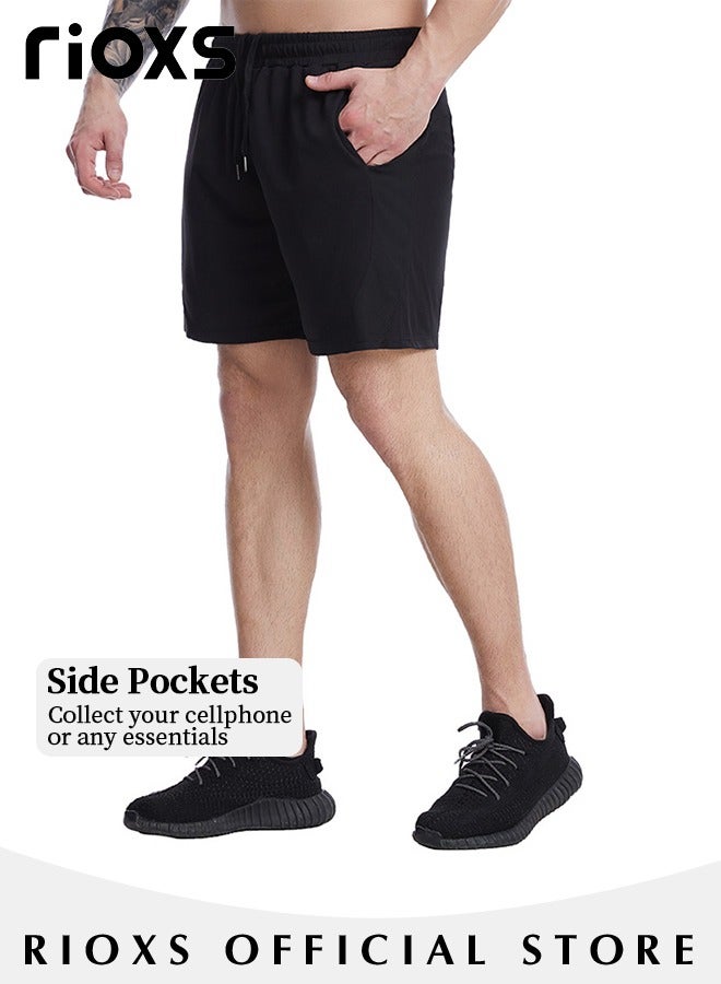 RIOXS Men's Running Shorts, Quick Dry Workout Gym Shorts for Men, Lightweight Athletic Shorts with Pocket, Breathable Elastic Waist Drawsting Stretch Sports Shorts, No Fading, No Deformation, for Gym, Running, Yoga, Basketball, Outdoor Travel, etc, Black - Image 4