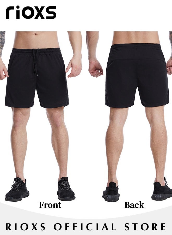 RIOXS Men's Running Shorts, Quick Dry Workout Gym Shorts for Men, Lightweight Athletic Shorts with Pocket, Breathable Elastic Waist Drawsting Stretch Sports Shorts, No Fading, No Deformation, for Gym, Running, Yoga, Basketball, Outdoor Travel, etc, Black - Image 2