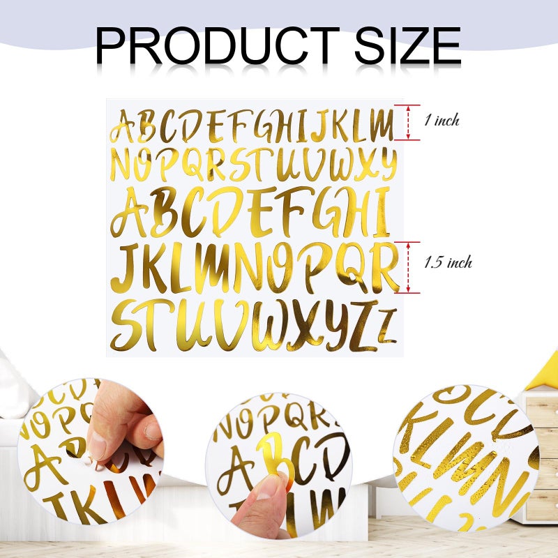 TaoBary 416 Pcs Gold Letter Stickers, 8 Sheets Cursive Alphabet Stickers, 1" & 1.5", 2 Size Waterproof Vinyl Self-Adhesive Letter for Graduation Cap Scrapbook DIY Craft Gifts Window Door Classroom - Image 3