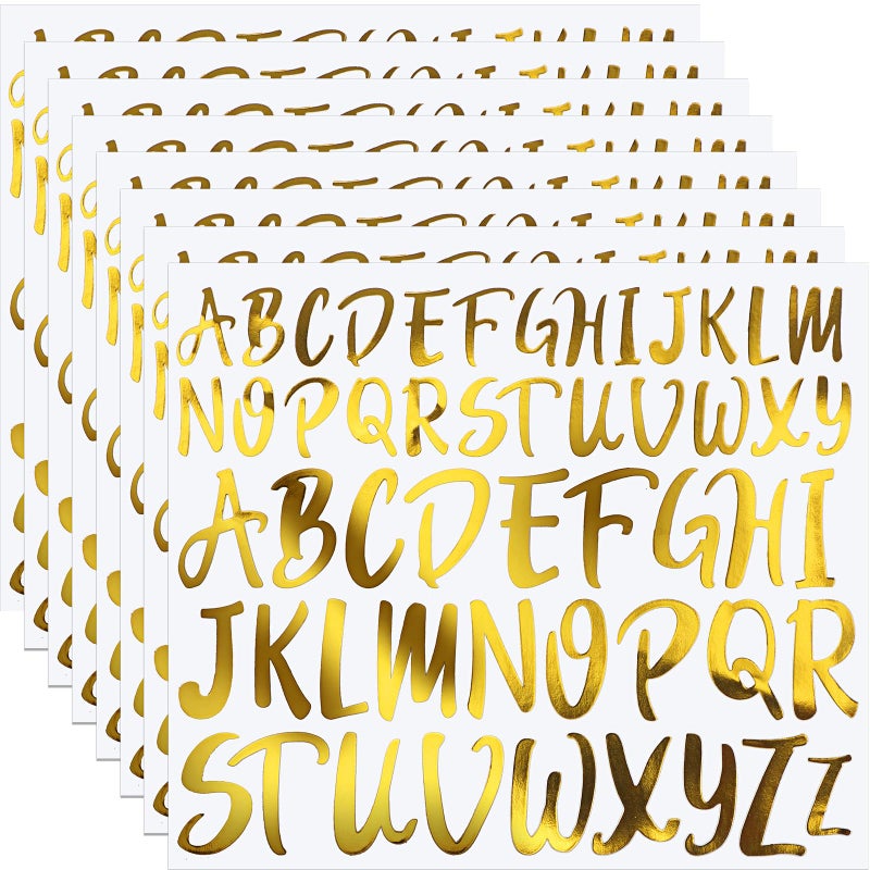 TaoBary 416 Pcs Gold Letter Stickers, 8 Sheets Cursive Alphabet Stickers, 1" & 1.5", 2 Size Waterproof Vinyl Self-Adhesive Letter for Graduation Cap Scrapbook DIY Craft Gifts Window Door Classroom - Image 1