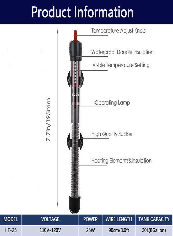 سخان صغير لأحواض السمك، سخان غاطس صغير بقدرة 25 واط، سخان قابل للتعديل لأحواض سمك البيتا مع شاشة عرض درجة الحرارة، مناسب لأحواض المياه العذبة والمالحة حتى سعة 30 لترًا/8 جالونات. - Image 2