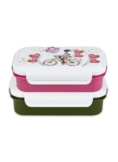 Nabhya Nabhya Combo of 2 Peppy Small Tiffin Box for Kids,Inner Stainless Steel & Outer Plastic with Plastic Katori and Airtight Lid, School Lunch Box for Kids (Pink & Green)  - Image 1