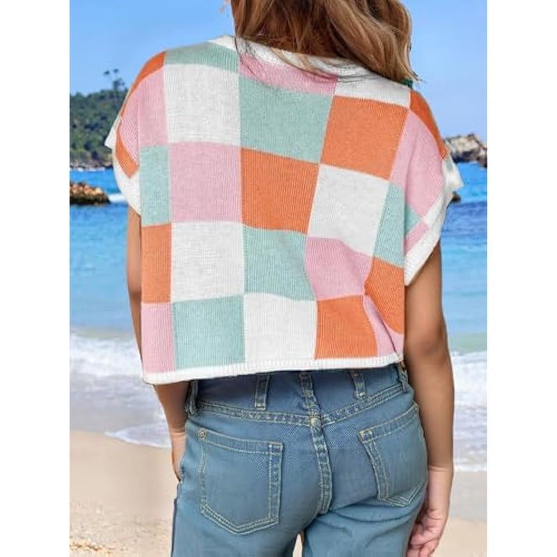 عربست بلايز صيفية قصيرة للفتيات لفصل الربيع، سترة بدون أكمام لطيفة بأكمام قصيرة وقبعة ملونة، تي شيرت فضفاض للأطفال للخريف - Image 3